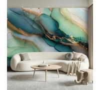 Papier Peint Panoramique Moderne Luxe Léger Décoration Murale, 350 x 256 cm | Encre De Chine Texture Papier Peint Intissé - 3D Tapisserie Poster Decoration Murale pour Chambre Salon Bureau, Vert Or