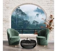 Papier peint panoramique moderne Paysage naturel de la jungle Mur en briques avec fenêtre Forêt de brouillard Arbres Revêtement Murale décoration salon Chambre Coucher Maison Décoration 184x127cm