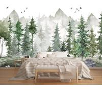 Papier Peint Panoramique Montagne De Pins À L'Aquarelle Papier Peint Intissé Tapisserie Poster Mural Chambre Décoration 350x250cm