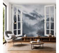 Papier Peint Panoramique Montagnes Enneigées, Forêts De Pins, 200x140cm Photo Décoration Murale Paysages Naturels Poster Mural Soie Tapisserie Décorative pour Salon Chambre Fond TV Décor, Gris Foncé