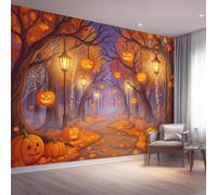 Papier Peint Panoramique Mural Forêt Festif, Orange Jaune | Papier Peint Intissé à Motifs Lanterne Citrouille Feuilles Érable Halloween, Déco pour Chambre, Salon, Dortoir, 250 x 175 cm