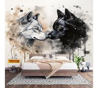Papier Peint Panoramique Murale Peinture de TêTe de Loup Animal 400x280 cm Papier Peint Intissé Noir Et Blanc Taille Personnalisée Grandes Poster Mural Photo Muraux pour Salon, Bureau, Décor Fond TV