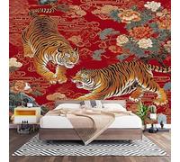 Papier Peint Panoramique Murale Tigre Floral Traditionnel 200x140 cm Papier Peint Intissé Rouge Taille Personnalisée Grandes Poster Mural Photo Muraux pour Salon, Bureau, Décor Fond TV