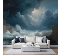 Papier Peint Panoramique Nature Moderne 400L x 280H cm, Art Paysager Ciel Vague Géante Roche Intissé Murale, Bleu Foncé Photo Fresque Murale pour Salon Chambre d'enfants Restaurant Décoration