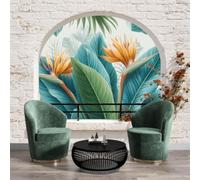 Papier Peint Panoramique No Adhésif 250x175cm - Tapisserie Murale Décoration Moderne Chambre Salon - Fleurs tropicales et plantes vertes - Oiseau de paradis à feuilles de palmier en brique
