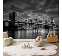 Papier Peint Panoramique Noir Moderne Urbain Photo Poster Décoration | 350 x 256 cm Intissé Papier Peint Mural, Pont Câbles Gratte-Ciel Rivière Fresque Murale Pour Salon Chambre Restaurant
