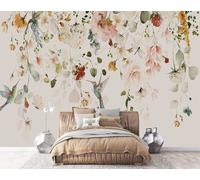 Papier Peint Panoramique Oiseau Fleuri Aquarelle Papier Peint Soie 3D Tapisserie Poster Decoration Murale Chambre Salon 300x210cm