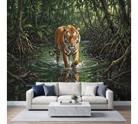 Papier Peint Panoramique Palétuvier Tigre Bengale 300 x 210 cm Murale Photo | Nature Animaux Sauvages Murale Stickers Intissé pour Cuisine Chambre Salle Salon Décor Fond TV
