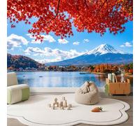 Papier Peint Panoramique Paysage Japonais, Intissé Photo Papier Peint | Papier Peint imprimé Mont Fuji Lac Ville Feuilles Décoration Xxl Murale Pour Salon Chambre Bureau, 250 x 175 cm