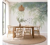 Papier Peint Panoramique peinture à l'encre chinoise 350x256cm | Décoration Murale XXL Saules, paysages, oiseaux Poster Tableaux Muraux Tapisserie Panoramique pour Salon et Chambre à Coucher -Vert