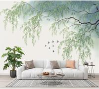 Papier Peint Panoramique Peinture À L'Encre Fleurs Oiseaux 350×256 CM | Papier Peint Branches De Saule Hirondelles Feuilles,Mur XXL Tableaux Muraux,Photo Décoration Murale Salon Chambre Vert Pois