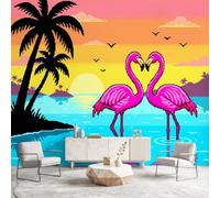 Papier Peint Panoramique Pixel Tropical Oiseau Flamant Rose Coucher de Soleill, Poster Mural Géant Intissé, Décoration Murale pour Chambre Coiffeuse Décoration Salon Chambre d'Enfants 250 x 175 cm