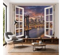 Papier Peint Panoramique Pont Manhattan New York 200X140Cm Murale Photo - Paysage Urbain Coucher Soleil Orange Tapisserie Murales Papier Peint Intissé Pour Chambre Salon Fond Tv - Photo Muraux