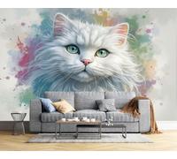 Papier Peint Panoramique Portraits Mignons D'Animaux 350x256cm, Éclaboussures D'Encre Chat Blanc Papier peint photo soie, Blanc Vert Murales Poster soie - pour Salon Chambre à Coucher Décor Fond TV