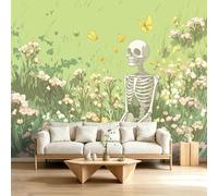 Papier peint Panoramique pour Enfant 350 x 256 cm Gothique Romantique - Photo Murale Crâne Jardin Fleuri - Revêtement Mural Décoratif - Décoration pour Salon Chambre Cuisine Salle de Bain Ado
