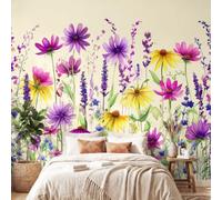 Papier Peint Panoramique Prairies fleuries Style Campagne Violet Mural | Tapisserie Photo Géante Nature Romantique Floral Fresque Murale Papier Peint Intissée - 250 x 175 cm