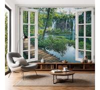 Papier Peint Panoramique Promenade En Bois De La Forêt, 400x280cm Photo Décoration Murale Cascade Du Paysage Poster Mural Soie Tapisserie Décorative pour Salon Chambre Fond TV Décor, Vert Émeraude