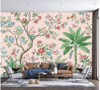 Papier Peint Panoramique Rétro Français Papier Peint Branches Fleuries Bananiers Soie Poster Tableaux Muraux Décoration Murale Pour Salon, Chambre, Burea, Fond TV - 300x210cm, Pâte Haricots Rouges