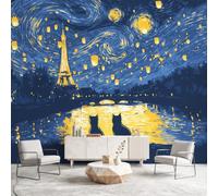 Papier Peint Panoramique Romantique Peinture à l'huile Animaux 250 x 175 | cm Poster Murale,Papier Peint Panoramique Intissé Paysage Motifs tourbillonnants Chat pour Salon Chambre Tête de lit