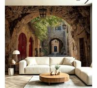 Papier Peint Panoramique Ruelle de Pierre avec Arche et Porte Rouge Tendance, Décoration Murale Salon Chambre Classique Vintage Européen Facile d’entretien, résistante aux UV 200 x 140 cmBeige