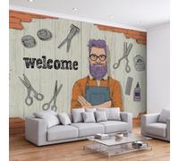 Papier Peint Panoramique Rustique Vintage Peinte Murale, Cartoon Grain de Bois Ciseaux Mur de Briques Intissé Murale 450L x 315H cm, Photo Fresque pour Salon Chambre d'enfants Restaurant Décoration