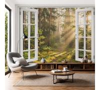Papier Peint Panoramique Sentier Forestier, 200x140cm Photo Décoration Murale Lumière Du Matin Forêt De Conifères Poster Mural Soie Tapisserie Décorative pour Salon Chambre Fond TV Décor, Jaune-Vert