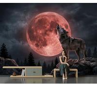 Papier Peint Panoramique Soie, 200x140cm Grandes Poster Loup Gris Hurlant Fresque Murale Ciel Nocturne Forêt Sapins Noirs Tapisserie Photo Décoration Murale pour Salon, Chambre, Fond TV, Gris Foncé