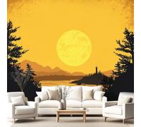 Papier Peint Panoramique Soleil Arbres Phare Collines Silhouette 400 x 280 cm Pour Salon Chambre D'Enfant décoration chambre salon -Décoration Murale Minimaliste Botanique Chaleureux Ton Ocre Palette