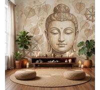 Papier Peint Panoramique Statue Du Bouddha À Feuille Bodhi 400X280Cm | Papier Peint Photo Mural Intissé, Poster Tapisserie Mural Art Du Dessin Au Trait D'Inspiration Zen 3D Pour Salon Chambre Murale