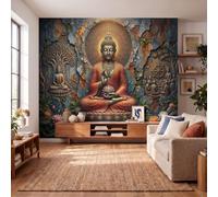 Papier Peint Panoramique Style religieux rétro 450x315cm (LxH) | Poster Géant Mural Statue de Bouddha, arbre de la Bodhi, roue du Dharma Décoration - Murale Intissé Pour Salon, ChambreRouge brique