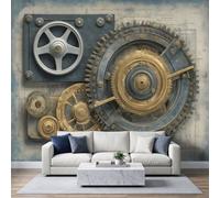 Papier Peint Panoramique Style Steampunk 450L x 315H cm, Industriel Vintage Géométrique Engrenage Intissé Murale, Bleu Argenté Photo Fresque Murale pour Salon Chambre d'enfants Restaurant Décoration