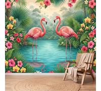 Papier Peint Panoramique Tropical Boheme - Décoration XXL Murale Flamant Rose Floral Etang - Murales Papier Peint Intissé pour Chambre Salon Bureau - Photo Muraux 400 x 280 cm