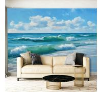 Papier Peint Panoramique Vagues Océan Plage Sable Paysage Marin Papier Peint Intissé 350 x 256 cm Décoration murale moderne - Tapisserie décorative pour chambre Bleu Ciel