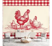 Papier Peint Panoramique Vintage Imprimé Plaid Style Champêtre Animal Coq Poule Rouge Cramoisi Blanc, Poster Mural Géant Intissé, Décoration Murale pour Chambre Salon Chambre d'Enfants 350x256cm