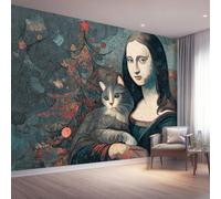 Papier Peint Panoramique Vintage Noël Décoration Murale 350 x 256cm | Géant 3D Papier Peint Intissé pour Salon Chambre Salle à Manger Chambre d'Enfant, Mona Lisa Animal Chat Poster