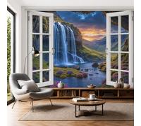 Papier Peint Panoramique Vue Sur Cascade Vallée Coucher Soleil, 250x175cm Photo Décoration Murale Paysages Naturels Poster Mural Soie Tapisserie pour Salon Chambre Fond TV Décor, Bleu Orange