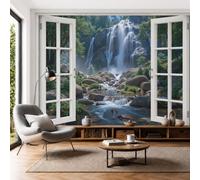 Papier Peint Panoramique Vue Sur Ruisseau Cascade Par Fenêtre, 300x210cm Photo Décoration Murale Forêt Primaire Poster Mural Soie Tapisserie pour Salon Chambre Fond TV Décor, Vert Mousse Foncé
