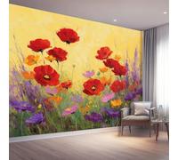 Papier Peint Panoramique XXL 250 x 175cm, Vintage Jardin Décoration Murale | 3D Papier Peint Intissé pour Salon Adulte Chambre d'enfant, Fleurs Coquelicot Cosmos Tapisserie Grand Poster Mural