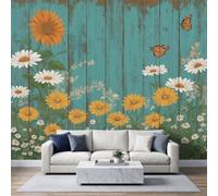 Papier Peint Pastorale Vintage 350L x 256H cm, Vintage Rustique Papillon Botanique Tournesol Photo Muraux Art pour Salon Chambre Bureau, Bleu Canard Décor Peinture Murale Papier Peint Panoramique