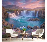 Papier Peint Paysage Onirique Apaisant, 3D Panoramique Papier Peint Coucher De Soleil Fleurs Sauvages Cascade, Soie Murales, Decoratif Pour Salon, Chambre, Décoration Murale 300x210cm, Bleu Rose