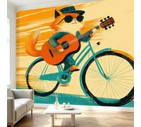 Papier Peint Personnalisé Pop Art, Papier Peint Panoramique Vélo Guitare Bois Animal Chat, Tapisserie Géante Poster Mural Intissé 300x210 cm pour Salon Chambre Chambre D'Enfants Décoration Murale