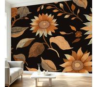 Papier Peint Personnalisé Vintage, Papier Peint Panoramique Plante Tournesol Feuilles, Tapisserie Géante Poster Mural Intissé 300x210 cm pour Salon Chambre Chambre D'Enfants Bureau Décoration Murale
