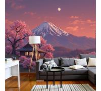 Papier peint photo effet 3D, coucher de soleil sur le mont Fuji, poster intissé, cabane japonaise, format XXL, rose, pour salon ou chambre, 350 cm x 256 cm, stickers, peinture sans cadre, affiche