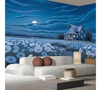 Papier peint photo effet 3D, illustration de maison de campagne, poster intissé, motif fleurs et campagne, format XL, bleu, pour salon ou chambre, 400 x 280 cm, stickers, sans cadre, poster