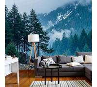 Papier peint photo effet 3D Nature Hautes Montagnes, Poster intissé Forêt de Pins Dense, Papier peint intissé XL Bleu-gris pour salon ou chambre, 250 cm x 175 cm, Stickers - Tableau sans cadre - Poste