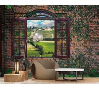 Papier peint photo effet 3D, vue par fenêtre, mur de briques, paysage toscan, intissé, motif décoratif moderne pour salon, chambre, chambre d'enfant, 350 cm x 256 cm, stickers - tableau sans cadre - a