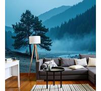 Papier peint photo Forêt paisible - XXL, Paysage de pins solitaires, effet 3D, bleu-vert, pour salon ou chambre. Papier peint mural intissé, 150 cm x 105 cm, stickers - Peinture sans cadre - Poster