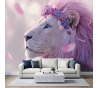Papier peint photo intissé 200x140cm, Peinture Digitale Papier peint Panoramique de haute qualité, pour salon et chambre, Lion Couronne Florale revêtement mural