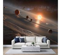 Papier peint photo intissé 200x140cm, Rendu Digital Astronomique Papier peint Panoramique, pour salon et chambre, Système Solaire Étoiles Orbites Planétaires Chambre Enfants revêtement mural