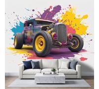 Papier peint photo intissé 250x175cm, Graffiti Rue Papier peint Panoramique de haute qualité, pour salon et chambre, Voiture Rétro Thème Garage Chambre Gaming revêtement mural